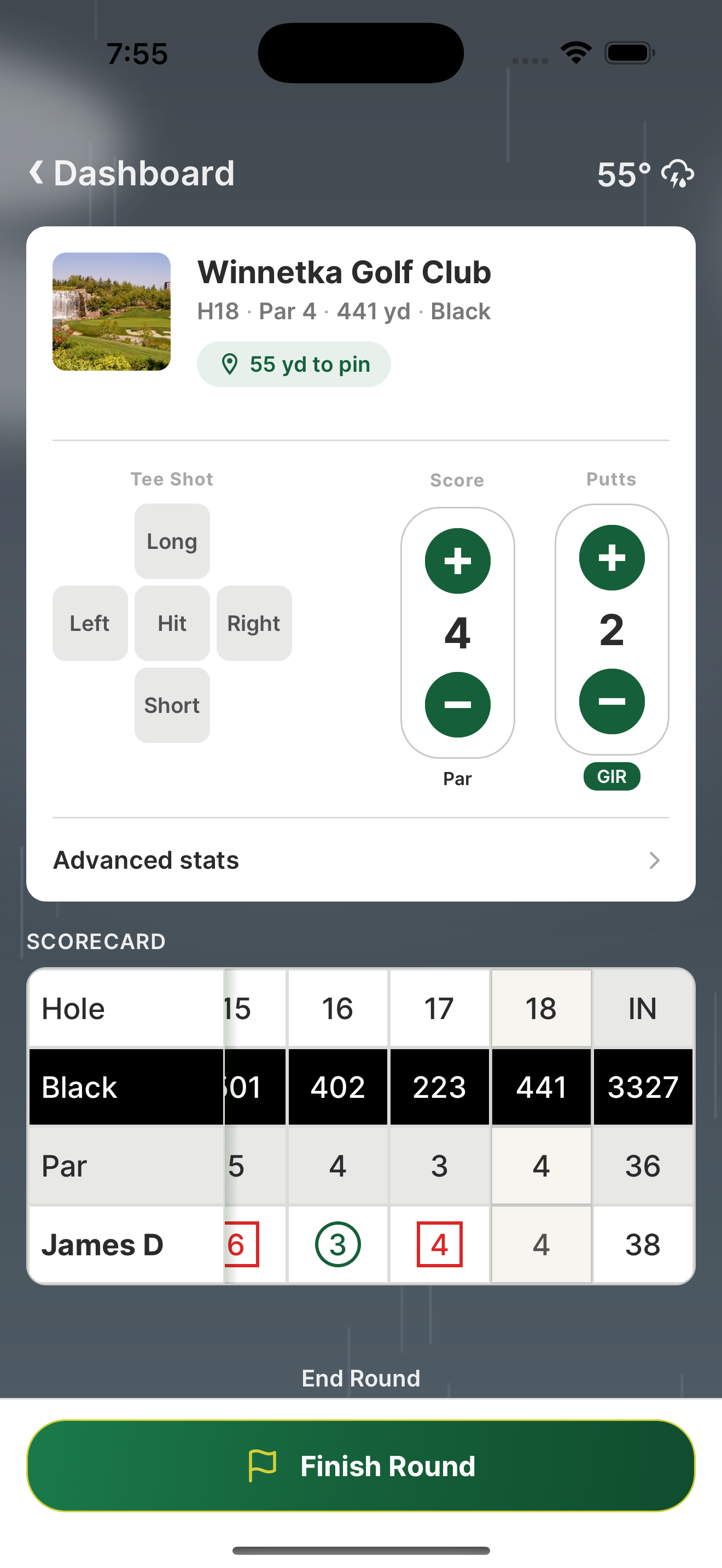 Score tracking screen showing hole-by-hole entry with tee shot, score, and putts